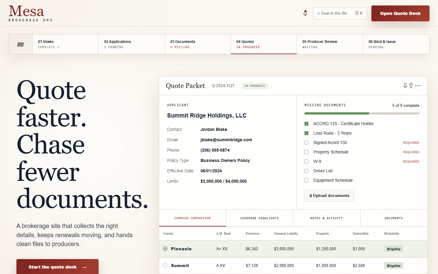 Mesa Brokerage Ops fictional website concept
